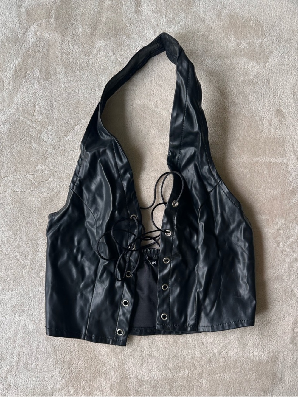 SHEIN Black Faux Leather Halter Lace-Up Crop Top
